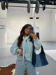 Women's blue striped button-front cardigan with matching scarf