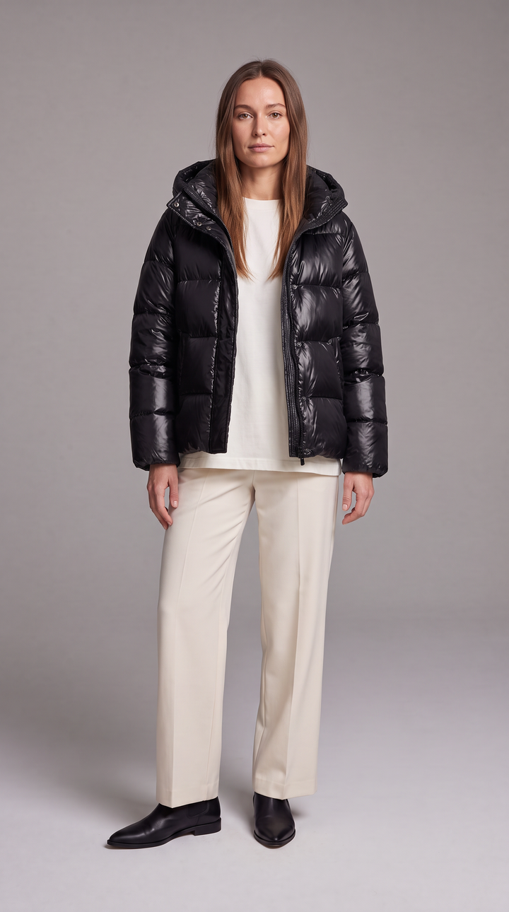 Women's hooded quilted puffer coat with long sleeves and front zipper