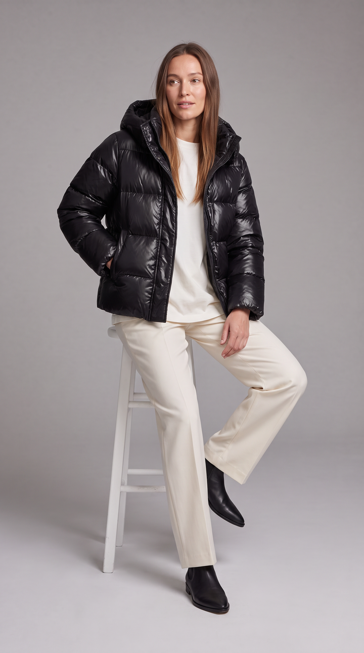 Women's hooded quilted puffer coat with long sleeves and front zipper