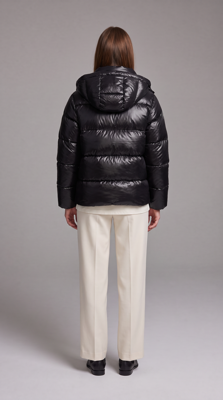 Women's hooded quilted puffer coat with long sleeves and front zipper