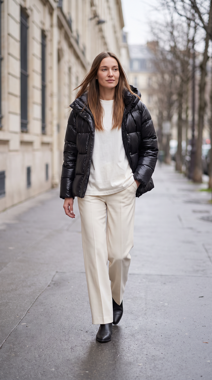 Women's hooded quilted puffer coat with long sleeves and front zipper