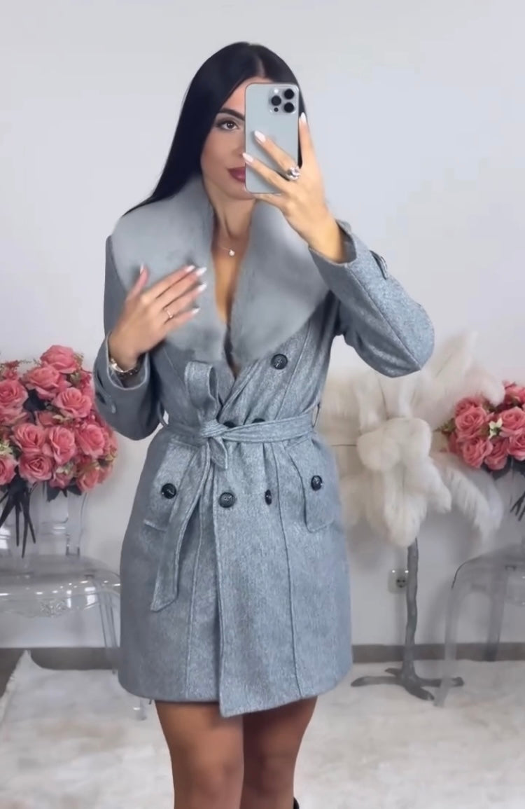 Women's belted double-breasted short coat with wide lapels and button details
