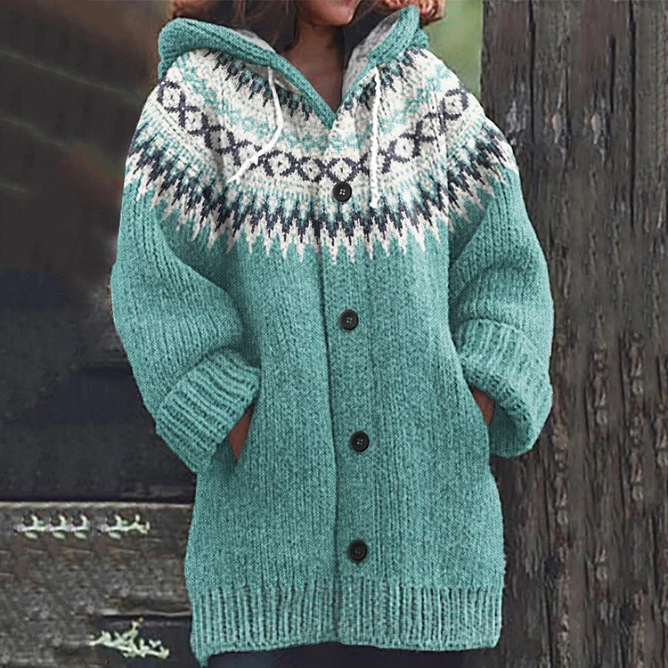 Women's hooded cardigan with multicolour geometric knit pattern, buttons and front pockets