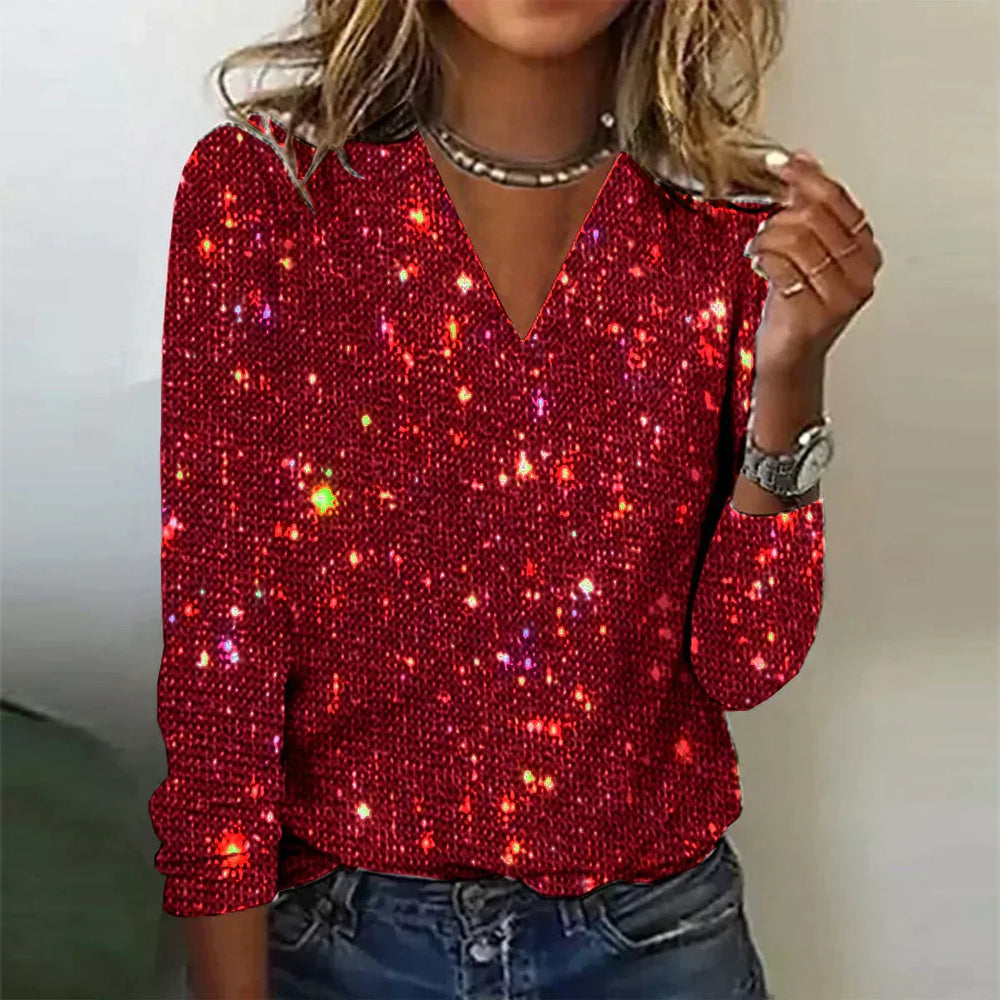 Women's long-sleeve sequin pullover with V-neckline