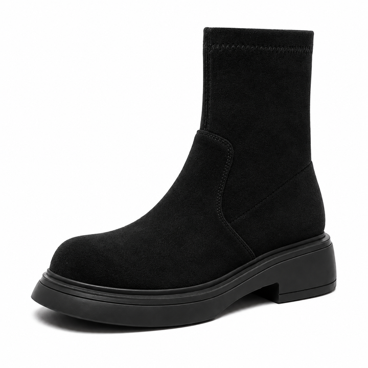 Ankle boots with round toes, low block heels and raised soles