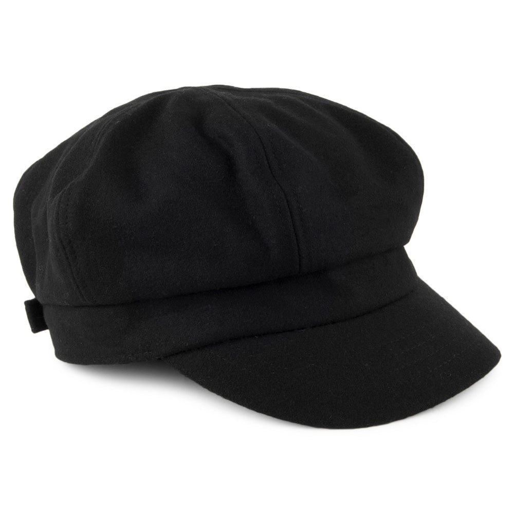 Black women's baker boy hat with rounded panelled crown and short brim
