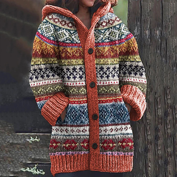 Women's hooded cardigan with multicolour geometric knit pattern, buttons and front pockets