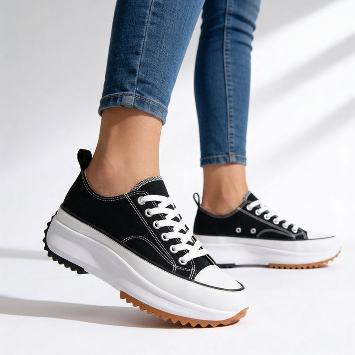 Women's platform sneakers with lace-up fronts, contrast toe caps and ridged soles