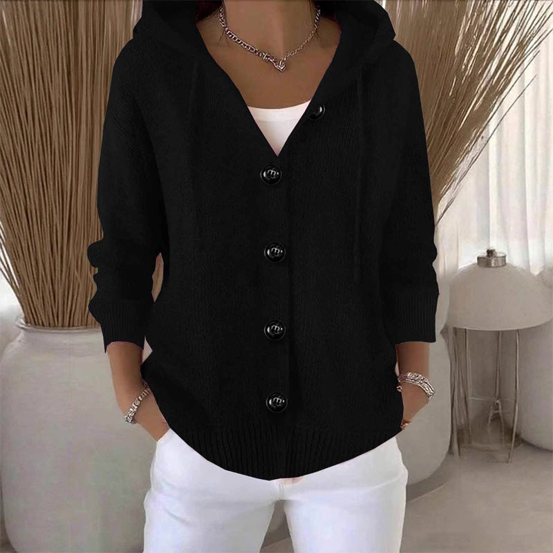 Women's hooded knitted cardigan with long sleeves and button front