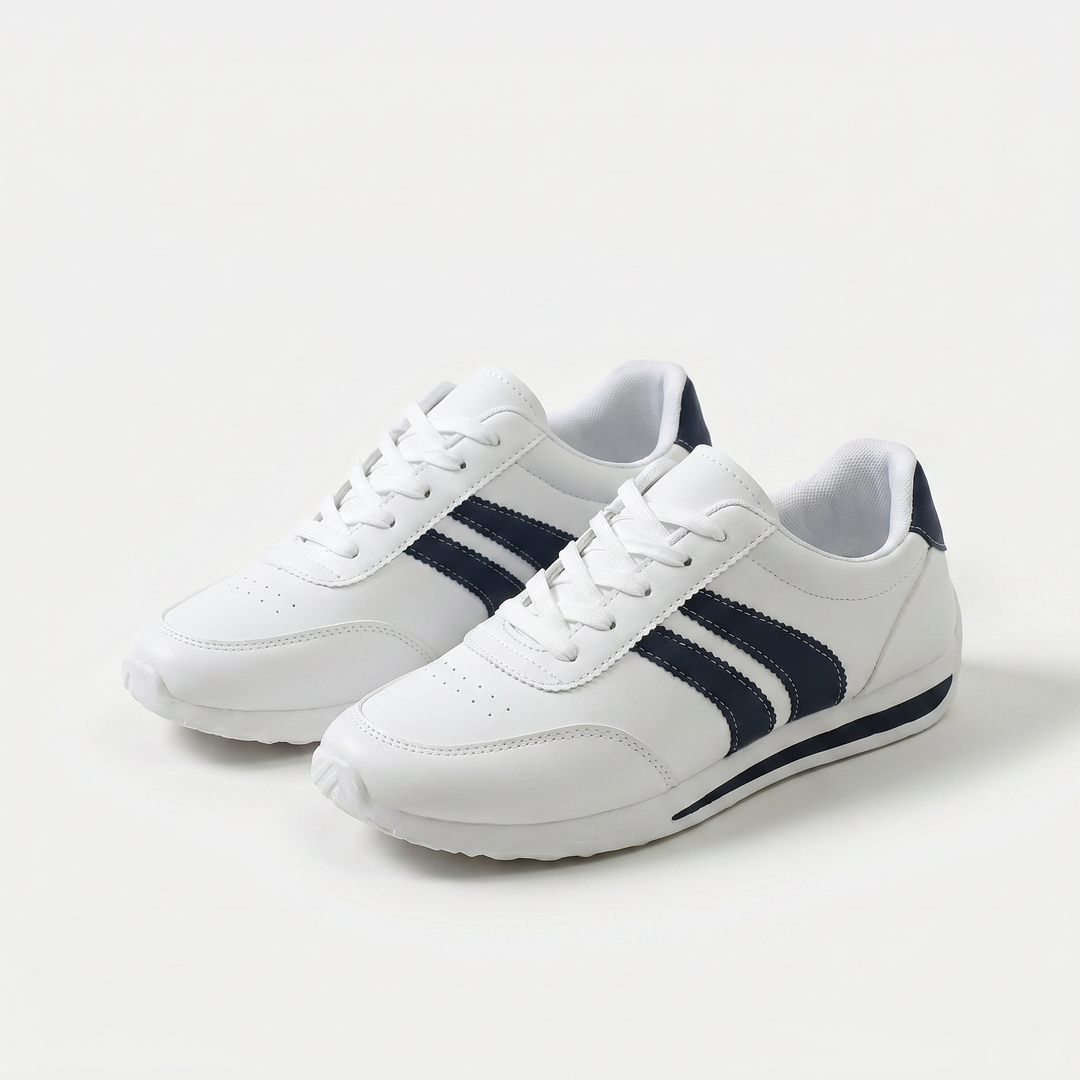 White low-top sneakers with navy side stripes and lace-up fronts