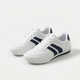 White low-top sneakers with navy side stripes and lace-up fronts