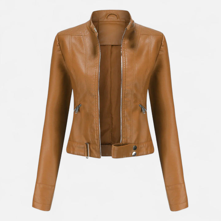 Women's cropped moto jacket with stand collar, long sleeves and zip pockets