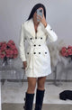 Women's belted double-breasted short coat with wide lapels and button details