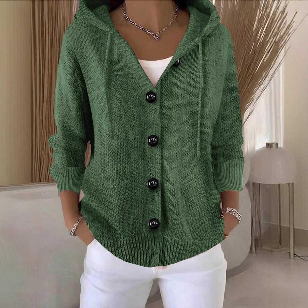 Women's hooded knitted cardigan with long sleeves and button front
