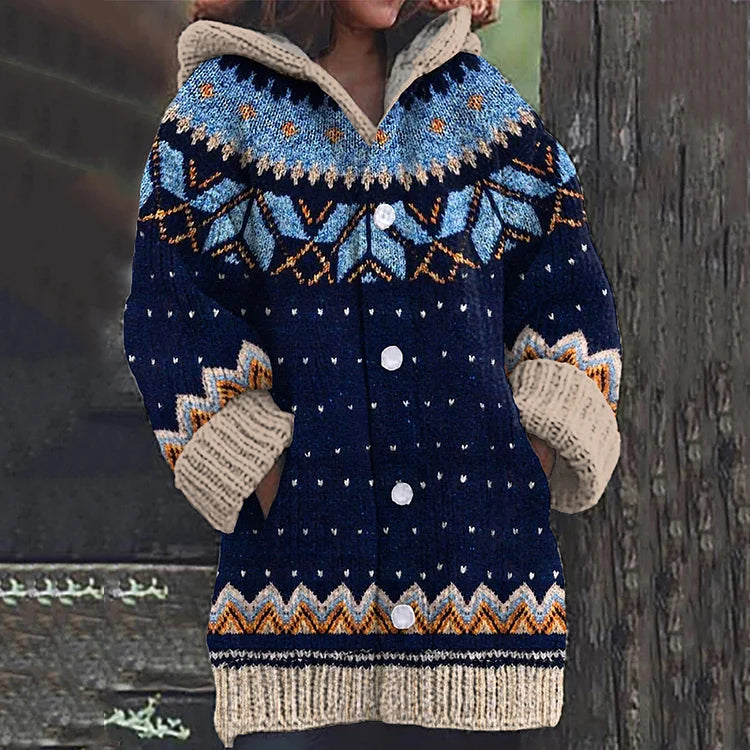 Women's hooded cardigan with multicolour geometric knit pattern, buttons and front pockets