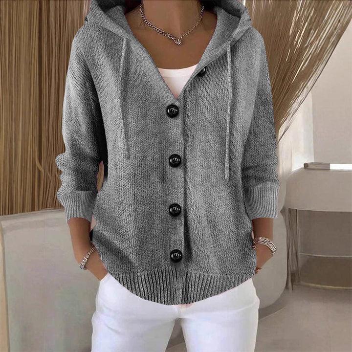 Women's hooded knitted cardigan with long sleeves and button front