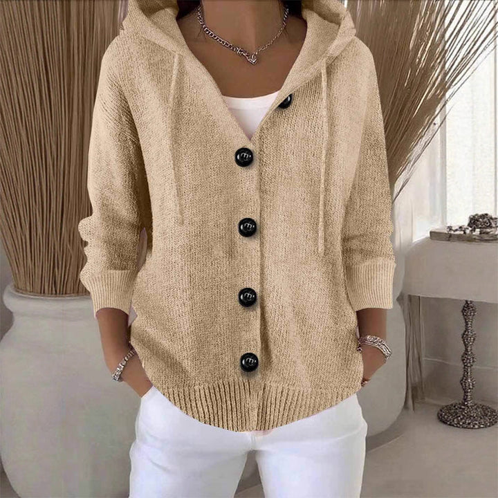 Women's hooded knitted cardigan with long sleeves and button front