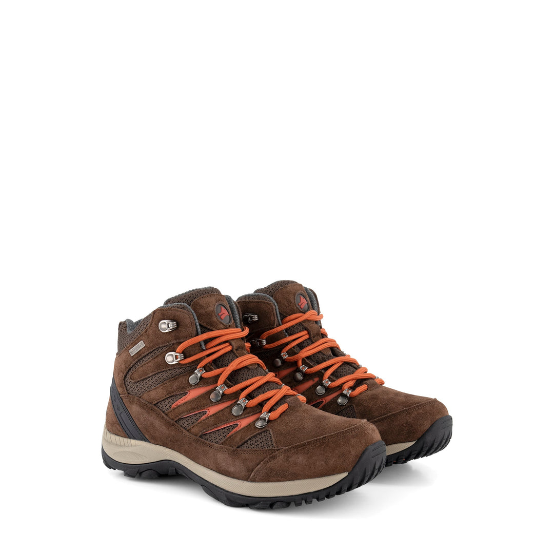 Brown mid-height hiking boots with orange laces and rugged black soles