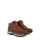Brown mid-height hiking boots with orange laces and rugged black soles