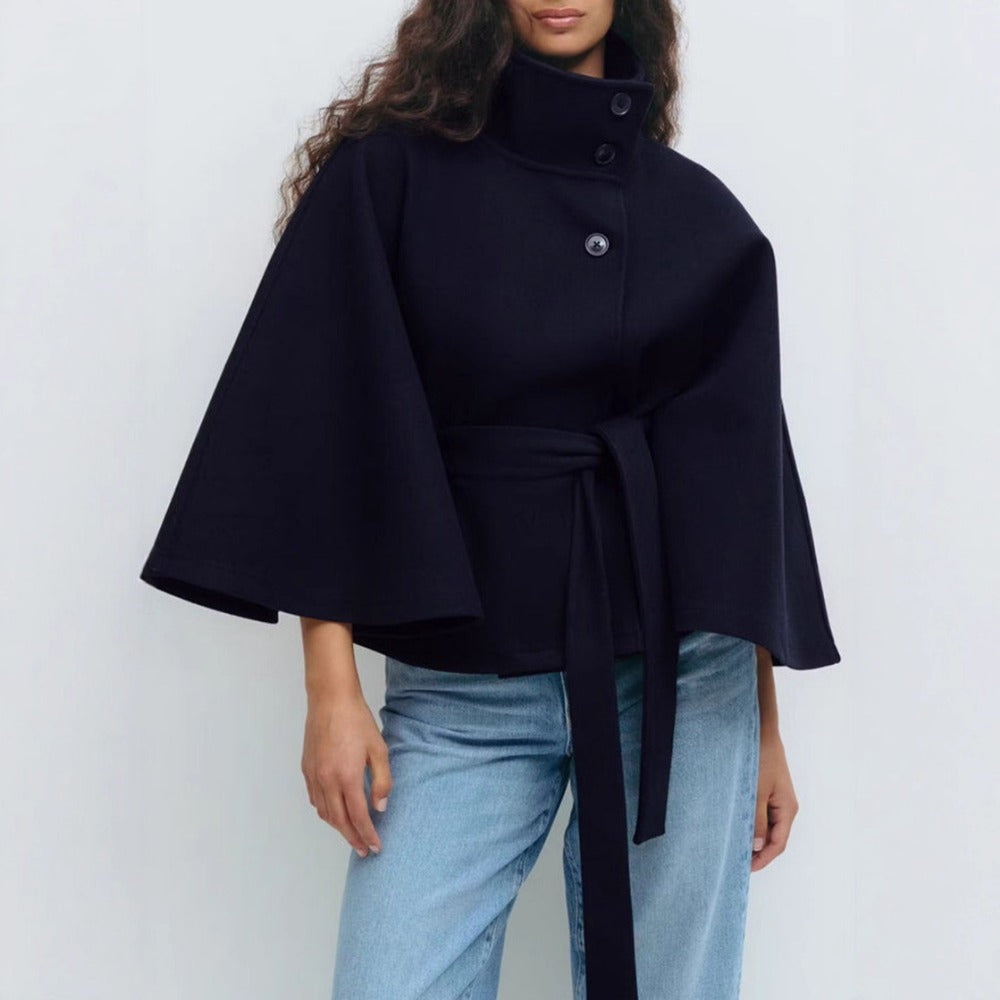Women's cape coat with high collar, button front and tie waist