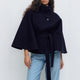 Women's cape coat with high collar, button front and tie waist