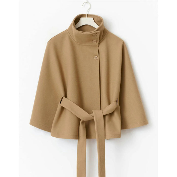 Women's cape coat with high collar, button front and tie waist
