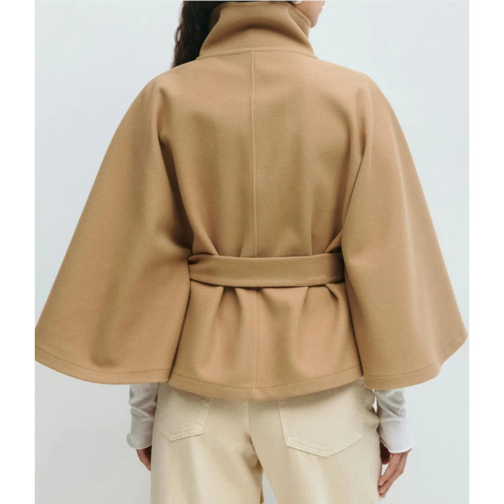 Women's cape coat with high collar, button front and tie waist