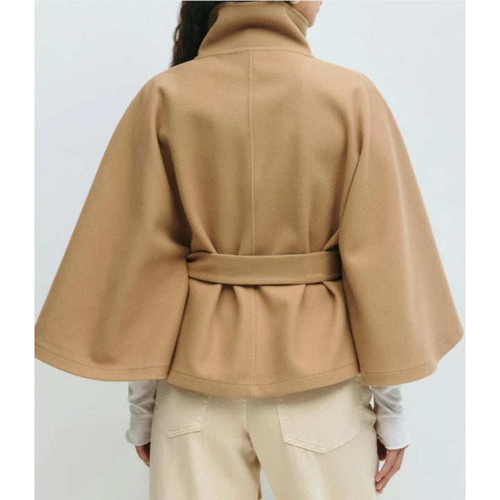 Women's cape coat with high collar, button front and tie waist