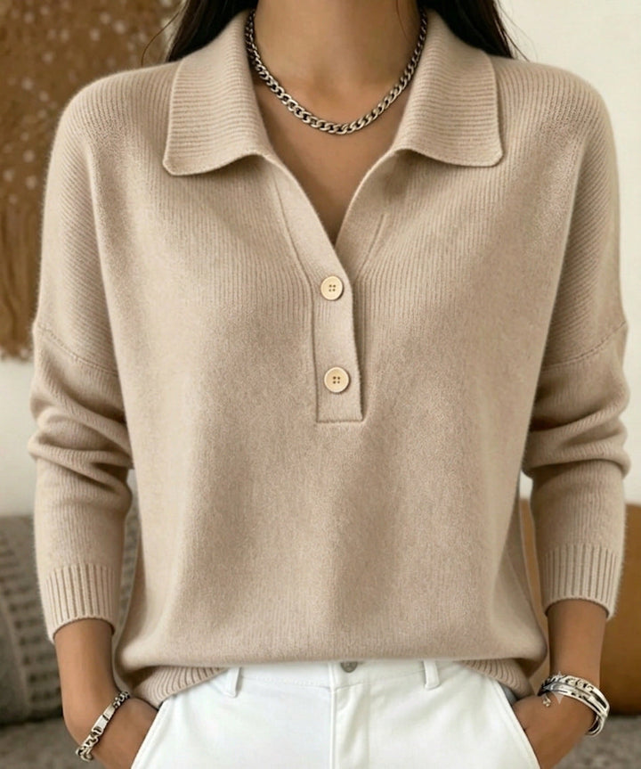 Women's polo collar knit sweater with button placket and long sleeves