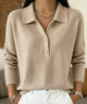 Women's polo collar knit sweater with button placket and long sleeves