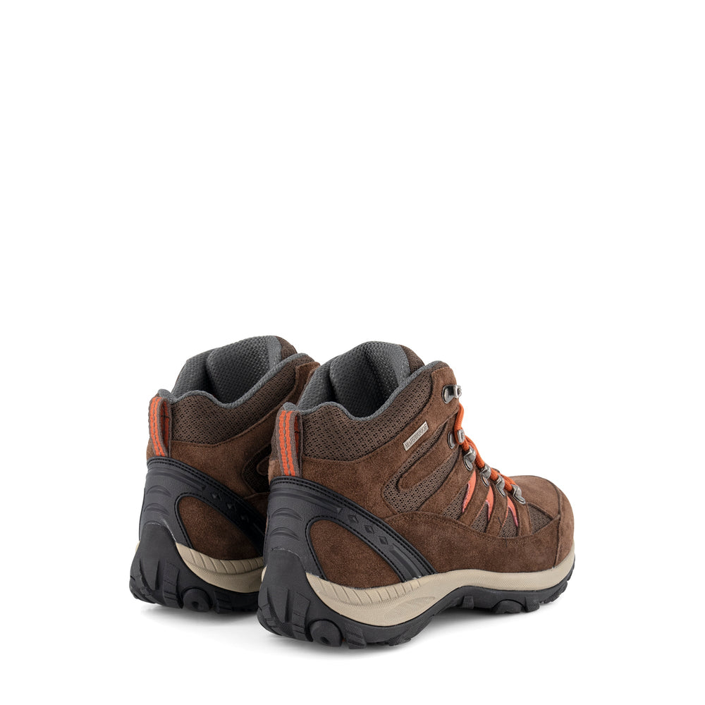 Brown mid-height hiking boots with orange laces and rugged black soles