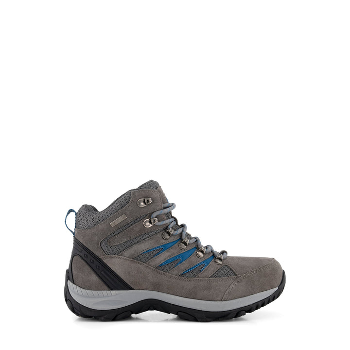 Gray high-top lace-up hiking boots with blue accents and lugged soles
