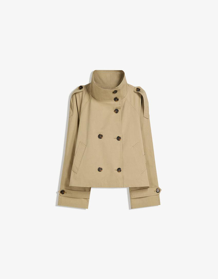 Women's short trench jacket with high collar, buttons, belt and long sleeves
