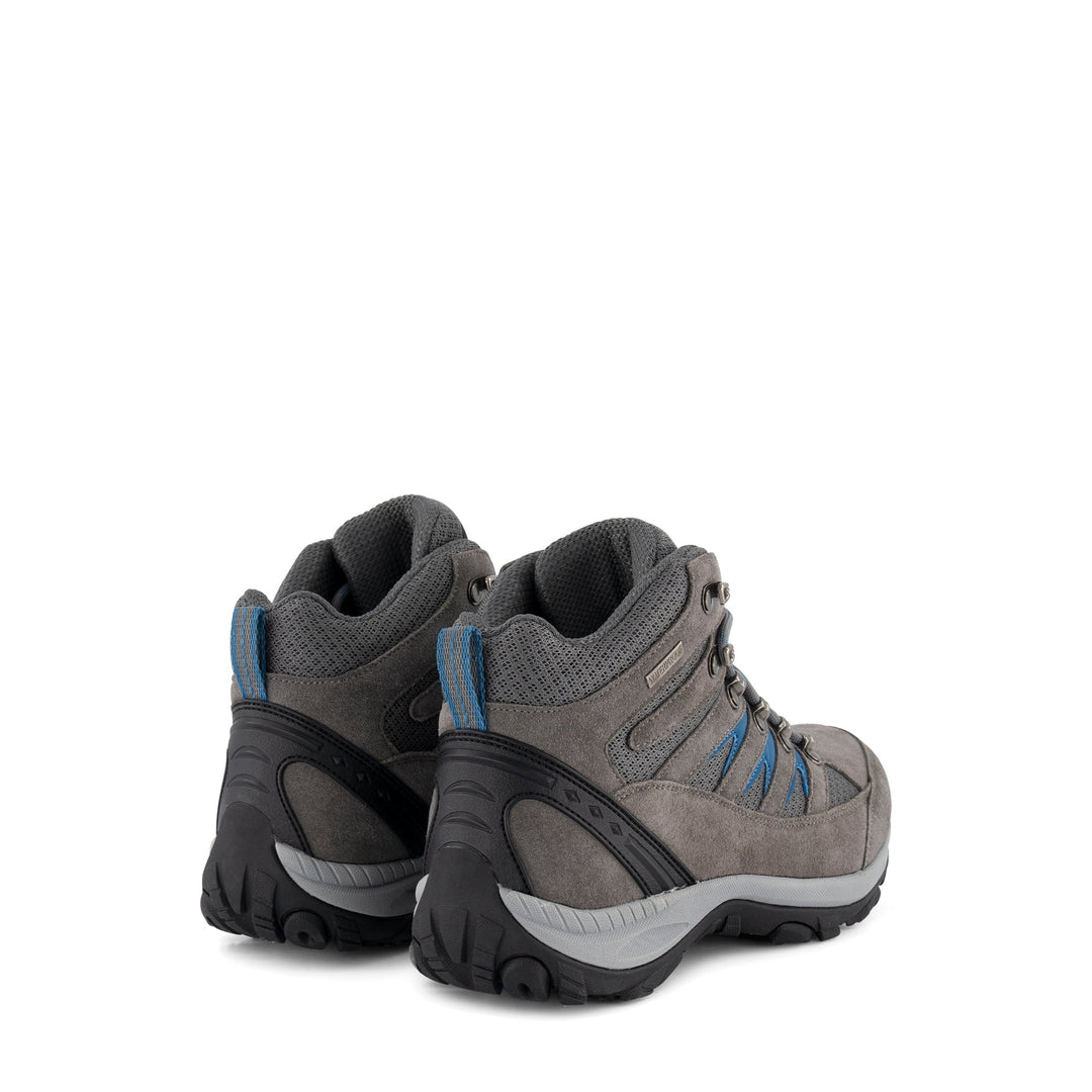 Gray high-top lace-up hiking boots with blue accents and lugged soles