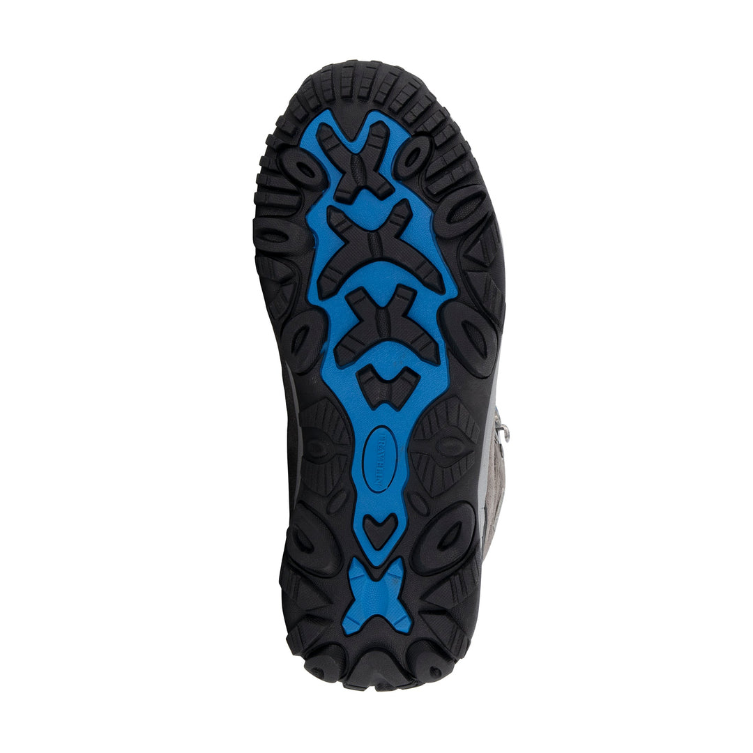 Gray high-top lace-up hiking boots with blue accents and lugged soles