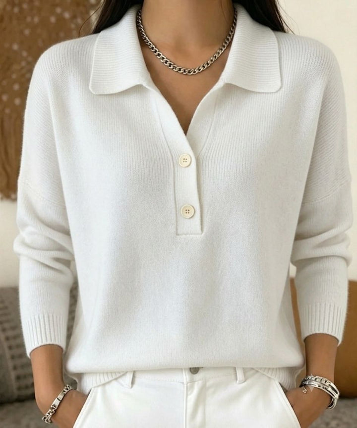 Women's polo collar knit sweater with button placket and long sleeves