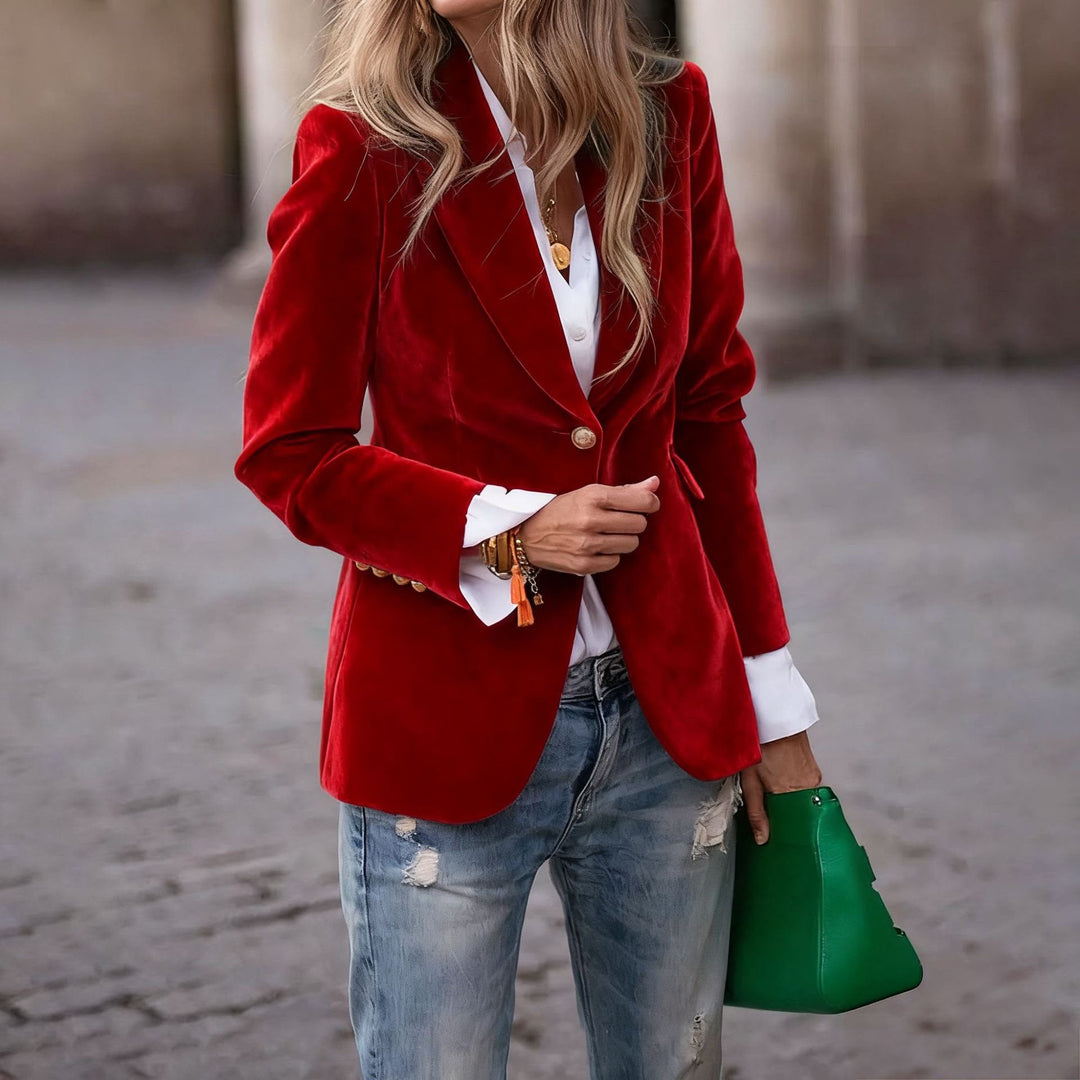 Women's velvet blazer with notched lapels, long sleeves and single button front