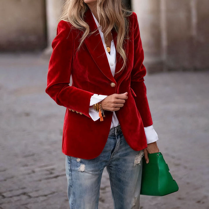 Women's velvet blazer with notched lapels, long sleeves and single button front