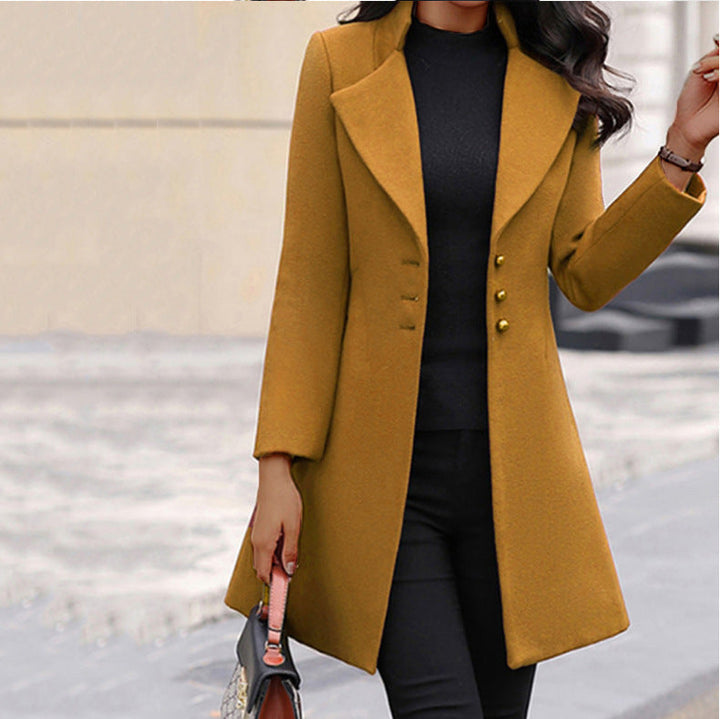 Women's longline tailored coat with notched lapels and button front