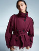 Women's short trench jacket with high collar, buttons, belt and long sleeves