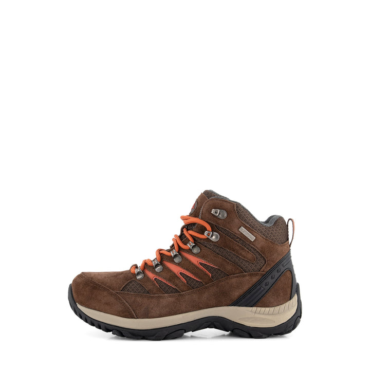 Brown mid-height hiking boots with orange laces and rugged black soles