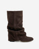 Women's brown slouch knee-high boots with pointed toes and low heels