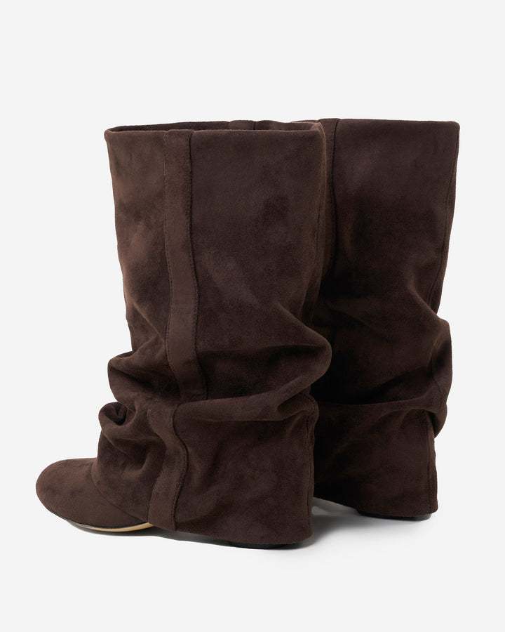 Women's brown slouch knee-high boots with pointed toes and low heels