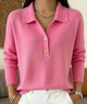 Women's polo collar knit sweater with button placket and long sleeves