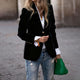 Women's velvet blazer with notched lapels, long sleeves and single button front