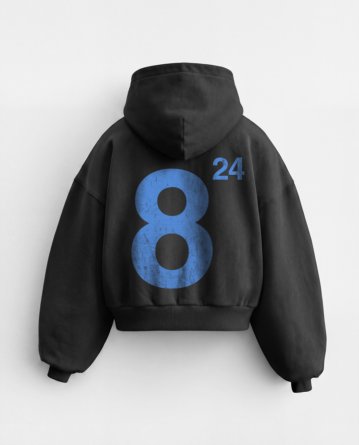Black graphic pullover hoodie with hood, ribbed trims and front and back prints