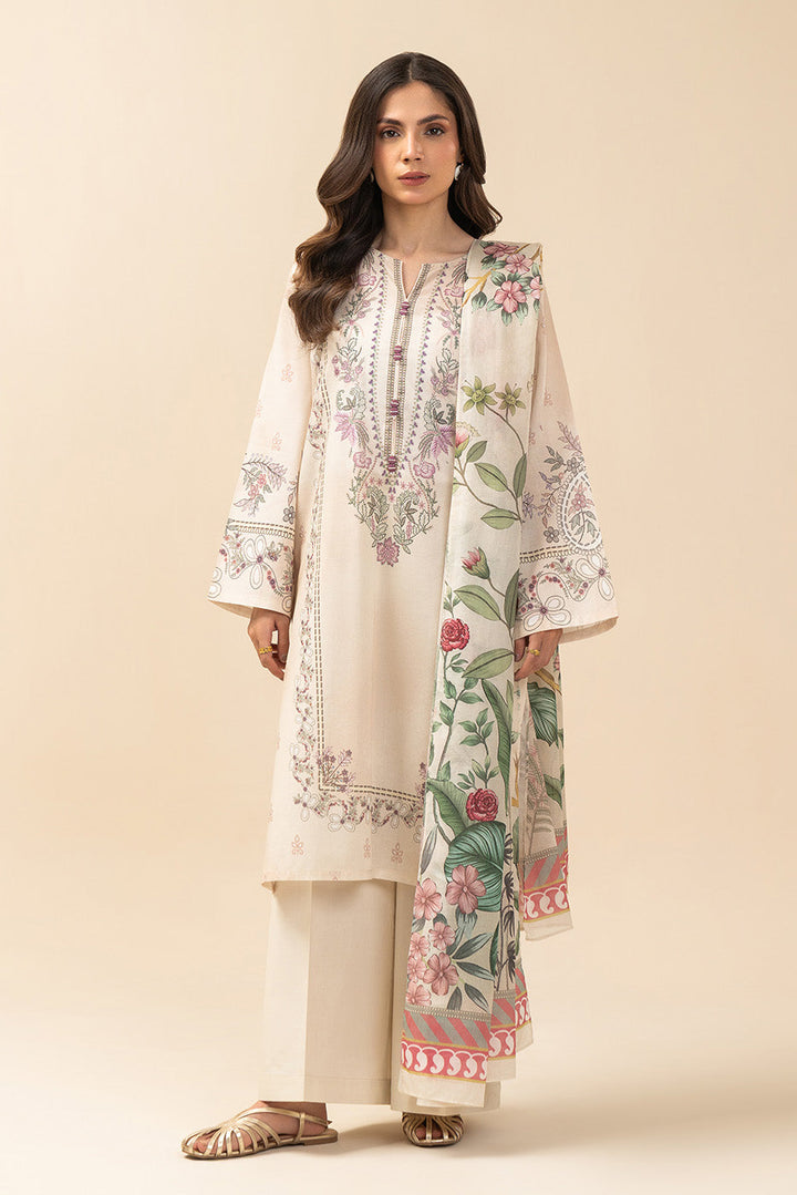 Women's ivory floral three-piece suit set with long tunic, trousers and dupatta