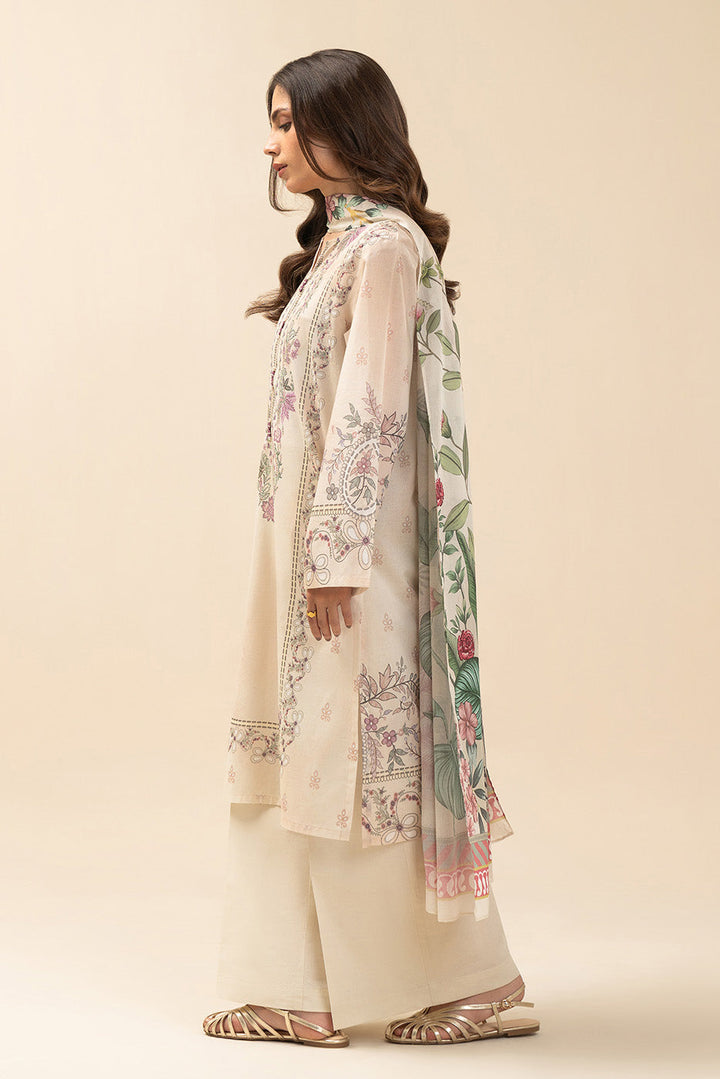 Women's ivory floral three-piece suit set with long tunic, trousers and dupatta