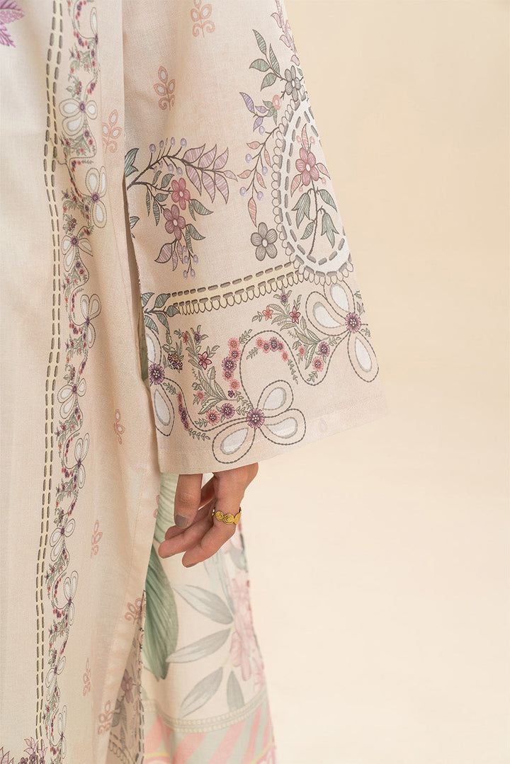 Women's ivory floral three-piece suit set with long tunic, trousers and dupatta