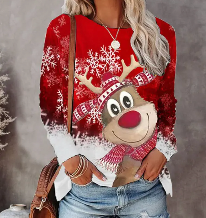 Women's Christmas sweater with reindeer and snowflake graphics